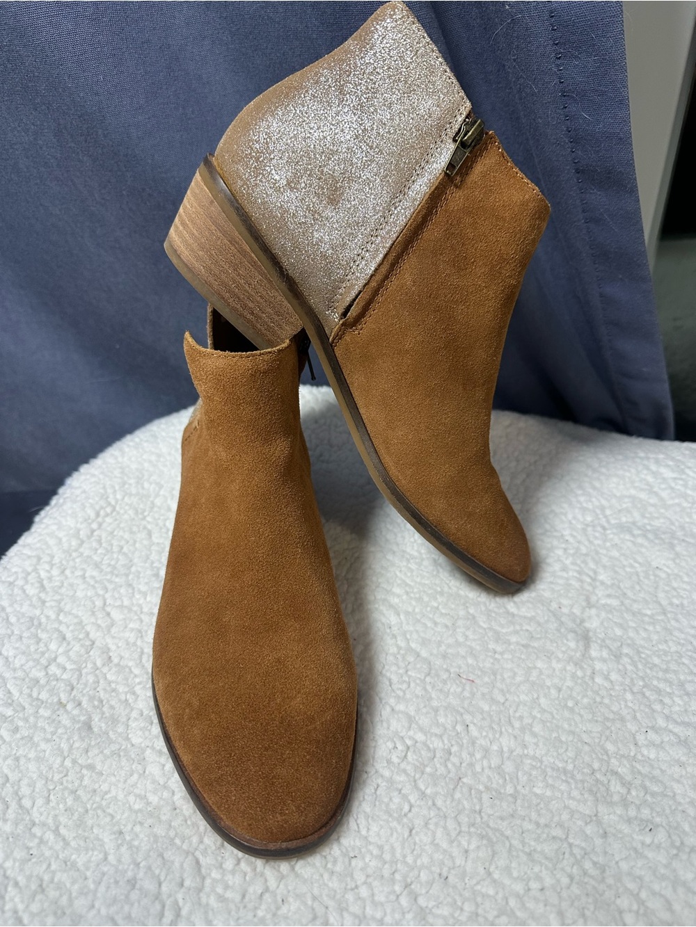 Women's Frye Caden Suede Ankle Boots in Cognac and Metal Shimmer Zip Bootie 9.5